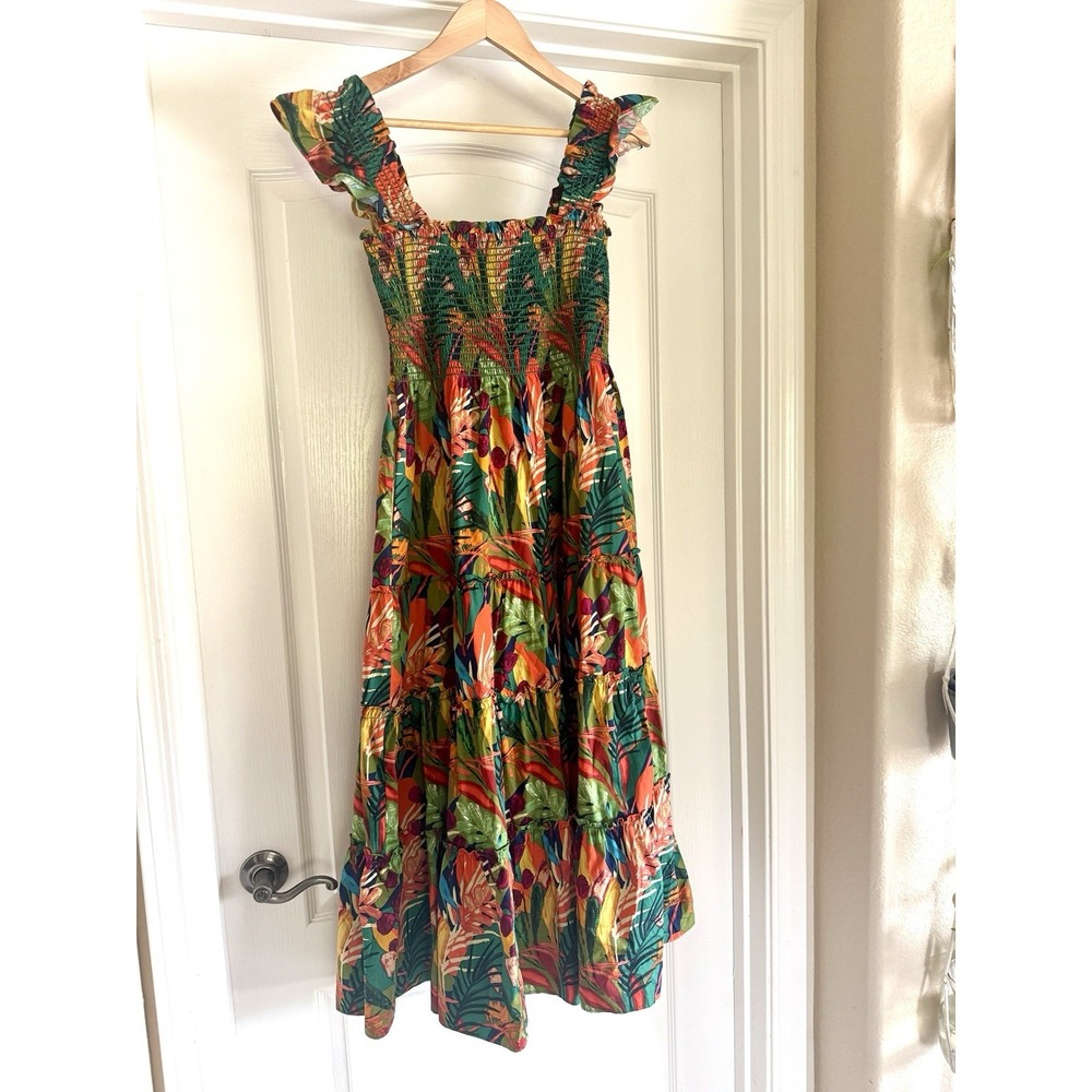 Anthropologie OPT Calypso Tropical Cotton Sundress Womens L Bold Floral Smocked - Picture 5 of 11